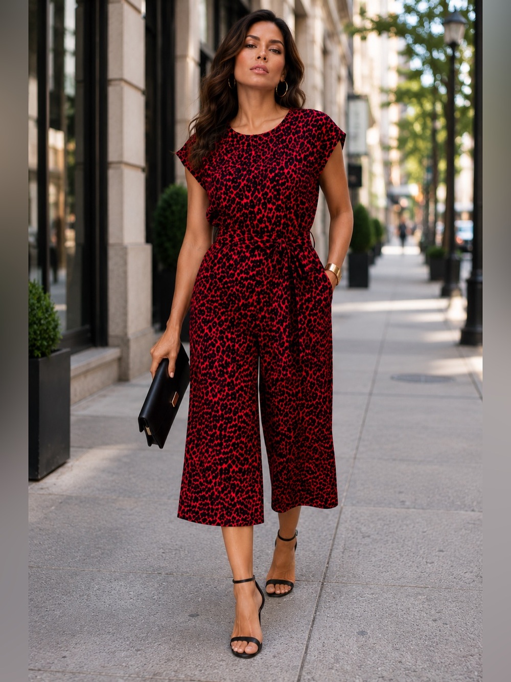 CAROLINA BELLE MONTREAL Leopard Print Cropped Wide Leg Jumpsuit Red Black Sz L